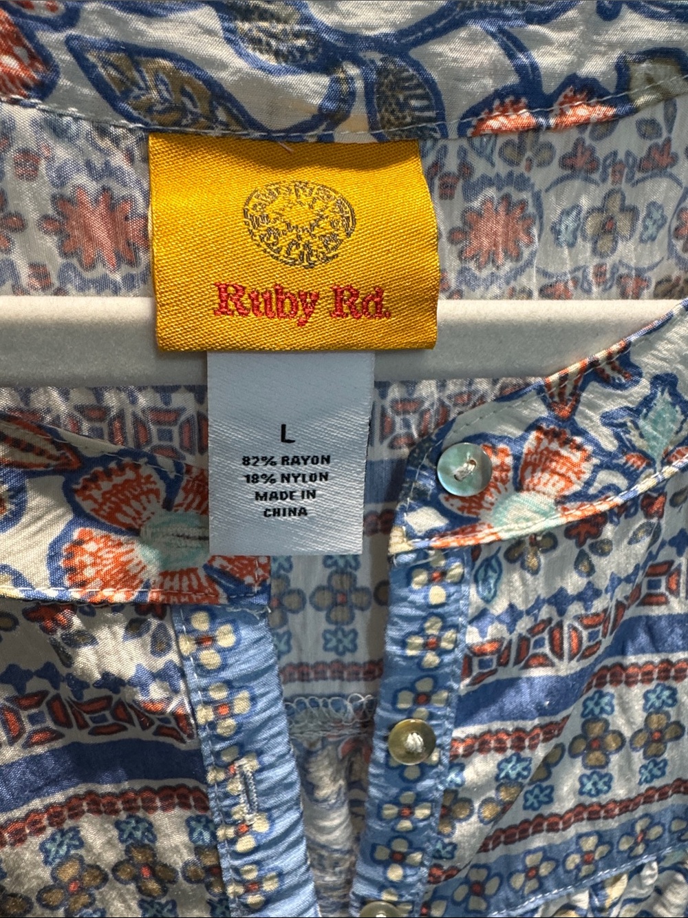 Ruby Rd. Women's Vintage Floral Tie Front Henley Tee in Blues/Orange (Size L) - Picture 6 of 11